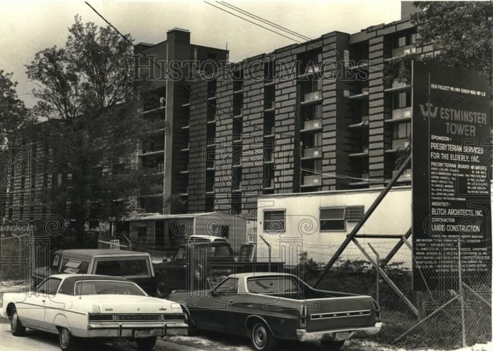 Black and white photo of a senior living Apartment building from the 1980s